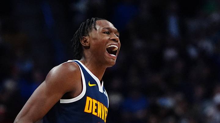Nov 6, 2024; Denver, Colorado, USA; Denver Nuggets forward Peyton Watson (8) reacts in the fourth quarter against the Oklahoma City Thunder at Ball Arena. Mandatory Credit: Ron Chenoy-Imagn Images Nov 6, 2024; Denver, Colorado, USA; Denver Nuggets forward Peyton Watson (8) reacts in the fourth quarter against the Oklahoma City Thunder at Ball Arena. Mandatory Credit: Ron Chenoy-Imagn Images