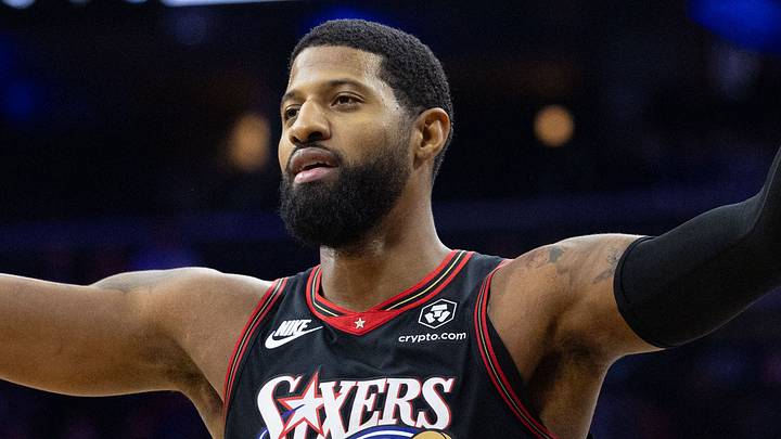 Dec 23, 2025; Philadelphia, Pennsylvania, USA; Philadelphia 76ers forward Paul George (8) reacts after his dunk against the Brooklyn Nets during the second quarter at Xfinity Mobile Arena. Mandatory Credit: Bill Streicher-Imagn Images