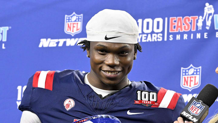 East running back Jacory Croskey-Merritt of Arizona (31) is presented with the offensive MVP trophy after the East defeats the West in the East-West Shrine Bowl at AT&T Stadium. Mandatory Credit: Jerome Miron-Imagn Images East running back Jacory Croskey-Merritt of Arizona (31) is presented with the offensive MVP trophy after the East defeats the West in the East-West Shrine Bowl at AT&T Stadium. Mandatory Credit: Jerome Miron-Imagn Images