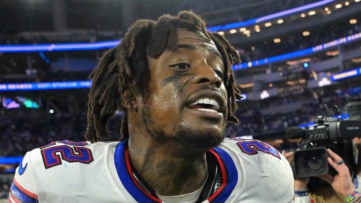 Oct 12, 2026; Inglewood, California, USA;  Buffalo Bills safety C.J. Gardner-Johnson (22) celebrates after the game against the Los Angeles Rams at SoFi Stadium.  Mandatory Credit: Jayne Kamin-Oncea-Imagn Images