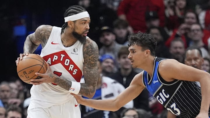Orlando Magic forward Tristan da Silva defends against Toronto Raptors forward Brandon Ingram.