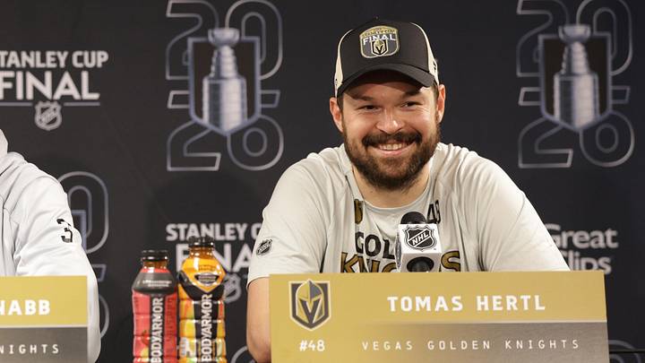 Jun 2, 2026; Raleigh, North Carolina, USA; Vegas Golden Knights defenseman Brayden McNabb (3) and center Tomas Hertl (48) speak during the press conference after the game against the Carolina Hurricanes in game one of the 2026 Stanley Cup Final at Lenovo Center. Mandatory Credit: Nathan Ray Seebeck-Imagn Images Jun 2, 2026; Raleigh, North Carolina, USA; Vegas Golden Knights defenseman Brayden McNabb (3) and center Tomas Hertl (48) speak during the press conference after the game against the Carolina Hurricanes in game one of the 2026 Stanley Cup Final at Lenovo Center. Mandatory Credit: Nathan Ray Seebeck-Imagn Images