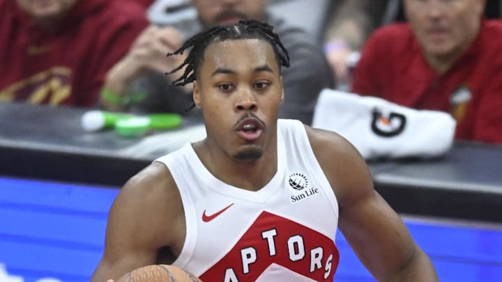 Toronto Raptors forward Scottie Barnes brings the ball up court in the fourth quarter against the Cleveland Cavaliers.