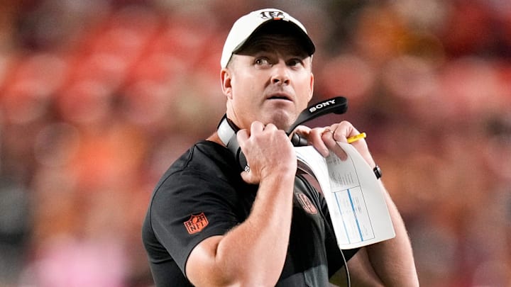 Cincinnati Bengals head coach Zac Taylor watches a replay on the video board in the first quarter of the NFL Preseason Week 2 game between the Washington Commanders and the Cincinnati Bengals at Northwest Stadium in Landover, Md., on Monday, Aug. 18, 2025.