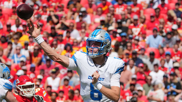 Former Detroit Lions quarterback Nate Sudfeld (8) throws a pass against the Kansas City Chiefs