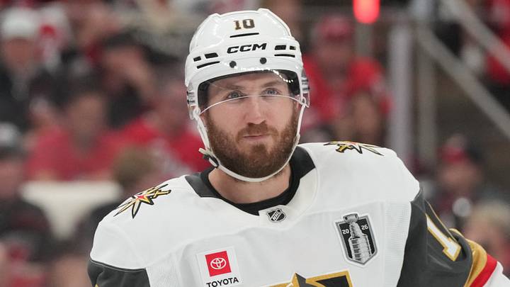 Jun 4, 2026; Raleigh, North Carolina, USA; Vegas Golden Knights center Colton Sissons (10) skates between play during the second period against the Carolina Hurricanes in game two of the 2026 Stanley Cup Final at Lenovo Center. Mandatory Credit: James Guillory-Imagn Images
