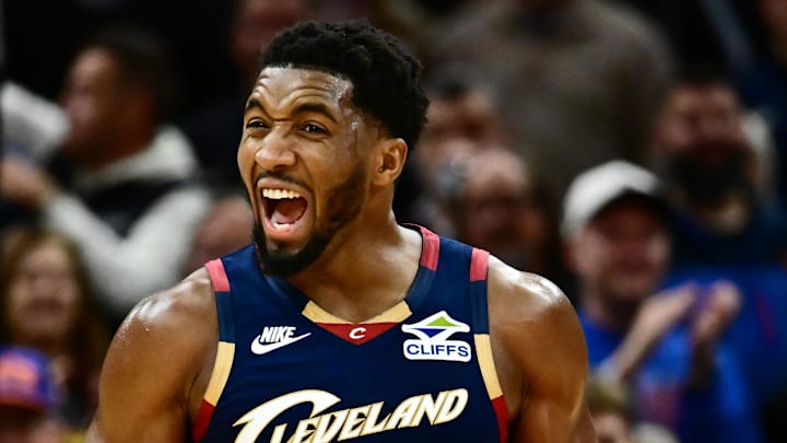 Nov 8, 2025; Cleveland, Ohio, USA; Cleveland Cavaliers guard Donovan Mitchell (45) celebrates during the second half against the Chicago Bulls at Rocket Arena. Mandatory Credit: Ken Blaze-Imagn Images