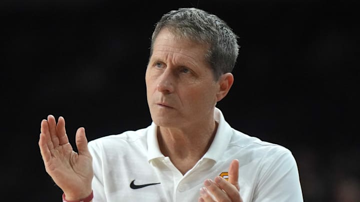 Feb 15, 2025; Los Angeles, California, USA; Southern California Trojans head coach Eric Musselman reacts against the Minnesota Golden Gophers in the first half at Galen Center. Mandatory Credit: Kirby Lee-Imagn Images