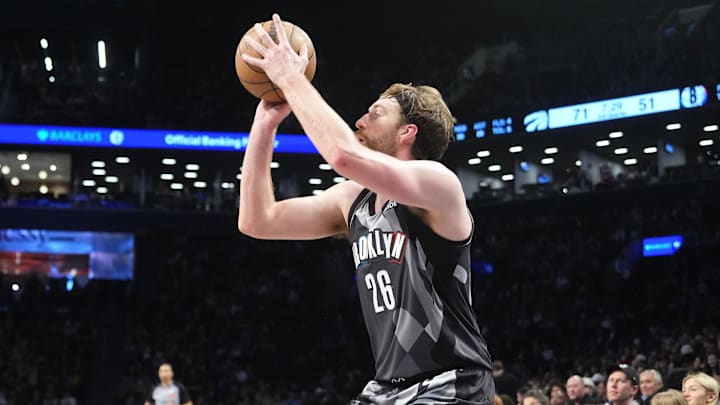 Apr 6, 2025; Brooklyn, New York, USA; Brooklyn Nets forward Drew Timme (26) shoots a three point jump shot against the Toronto Raptors during the second half at Barclays Center. Mandatory Credit: Gregory Fisher-Imagn Images