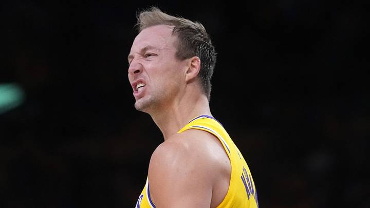 Apr 18, 2026; Los Angeles, California, USA; Los Angeles Lakers guard Luke Kennard (10) celebrates against the Houston Rockets in the second half during game one of the first round of the 2026 NBA Playoffs at Crypto.com Arena. Mandatory Credit: Kirby Lee-Imagn Images