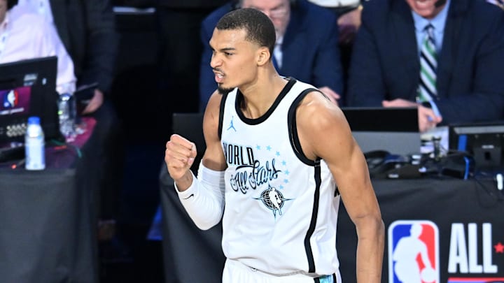 Feb 15, 2026; Inglewood, California, USA; Team World center Victor Wembanyama (1) of the San Antonio Spurs reacts in game one during the 75th NBA All Star Game at Intuit Dome. Mandatory Credit: William Liang-Imagn Images