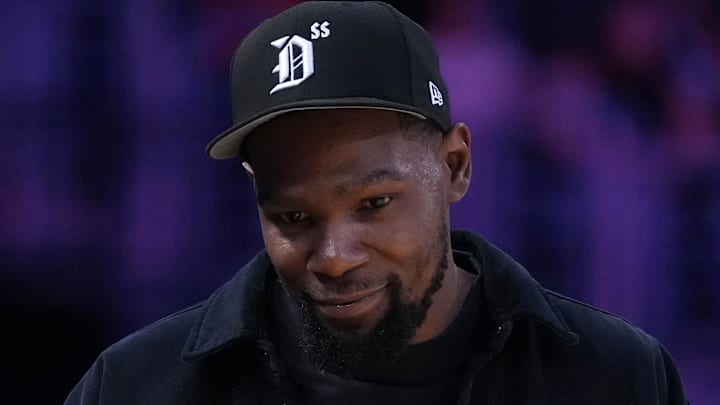 Kevin Durant attends the game between the Golden State Valkyries and the LA Sparks. Mandatory Credit: Kirby Lee-Imagn Images