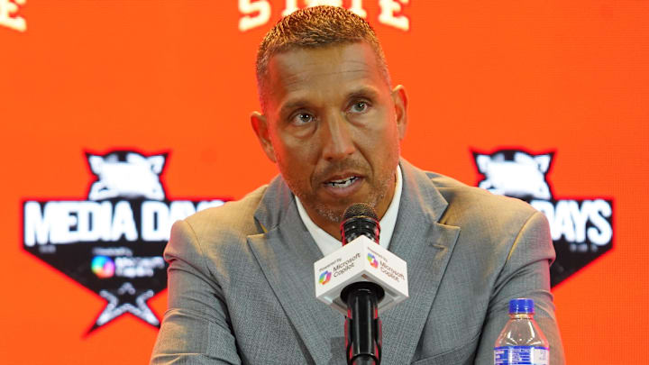 Jul 8, 2025; Frisco, TX, USA; Iowa State head coach Matt Campbell addresses the media during 2025 Big 12 Football Media Days at The Star. Mandatory Credit: Raymond Carlin III-Imagn Images