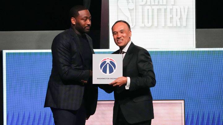 May 10, 2026; Chicago, IL, USA; Mark Tatum the NBA Deputy Commissioner and Washington Wizard (left) guard John Wall pose for photos after Wizards won the 2026 NBA Draft Lottery at Navy Pier. Mandatory Credit: David Banks-Imagn Images May 10, 2026; Chicago, IL, USA; Mark Tatum the NBA Deputy Commissioner and Washington Wizard (left) guard John Wall pose for photos after Wizards won the 2026 NBA Draft Lottery at Navy Pier. Mandatory Credit: David Banks-Imagn Images