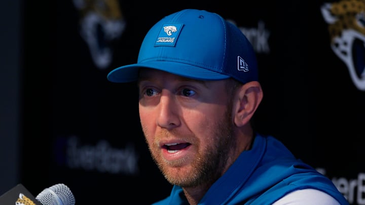 Jacksonville Jaguars head coach Liam Coen speaks during a press conference at the Miller Electric Center, Wednesday, Jan. 14, 2026, in Jacksonville, Fla.