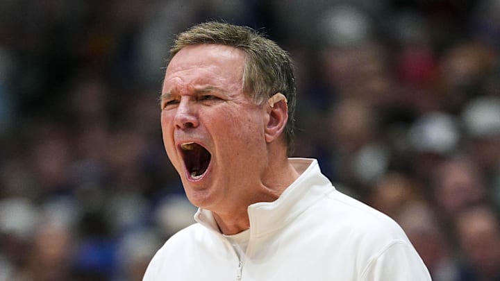 Feb 9, 2026; Lawrence, Kansas, USA; Kansas Jayhawks head coach Bill Self reacts during the first half against the Arizona Wildcats at Allen Fieldhouse.