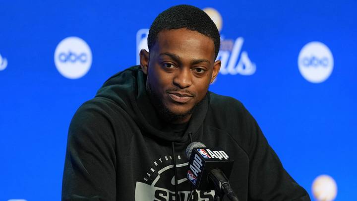 Jun 2, 2026; San Antonio, TX, USA;  San Antonio Spurs guard De'aaron Fox (4) listens to a question during media day for the 2026 NBA Finals at Frost Bank Center. Mandatory Credit: Daniel Dunn-Imagn Images