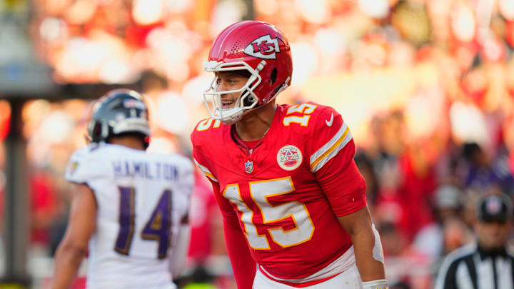 Sep 28, 2025; Kansas City, Missouri, USA; Kansas City Chiefs quarterback Patrick Mahomes (15) celebrates after a touchdown during the third quarter against the Baltimore Ravens at GEHA Field at Arrowhead Stadium. Mandatory Credit: Jay Biggerstaff-Imagn Images