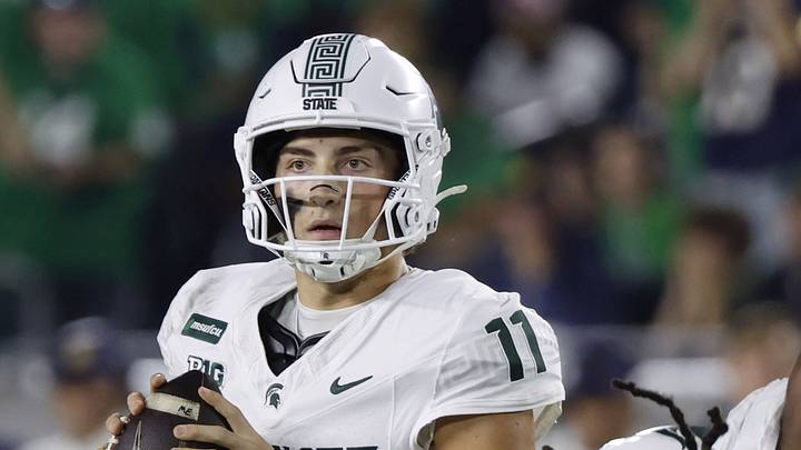 Sep 19, 2026; South Bend, Indiana, USA; Michigan State Spartans quarterback Alessio Milivojevic (11) looks to pass against the Notre Dame Fighting Irish during the first half at Notre Dame Stadium. Mandatory Credit: Michael Caterina-Imagn Images Sep 19, 2026; South Bend, Indiana, USA; Michigan State Spartans quarterback Alessio Milivojevic (11) looks to pass against the Notre Dame Fighting Irish during the first half at Notre Dame Stadium. Mandatory Credit: Michael Caterina-Imagn Images