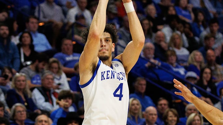 Nov 9, 2024; Lexington, Kentucky, USA; Kentucky Wildcats guard Koby Brea (4) shoots the ball during the second half against the Bucknell Bison at Rupp Arena at Central Bank Center. Mandatory Credit: Jordan Prather-Imagn Images