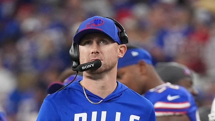 Sep 17, 2026; Orchard Park, New York, USA;  Buffalo Bills head coach Joe Brady looks on during the first half against the Detroit Lions at New Highmark Stadium.  Mandatory Credit: Gregory Fisher-Imagn Images