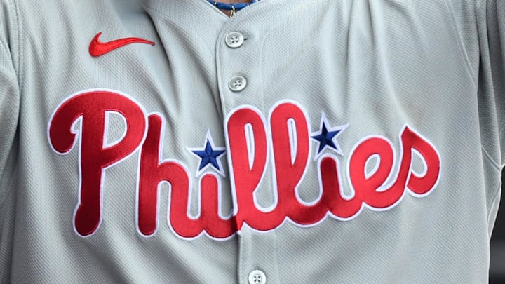 The Philadelphia Phillies logo on first baseman Bryce Harper's jersey