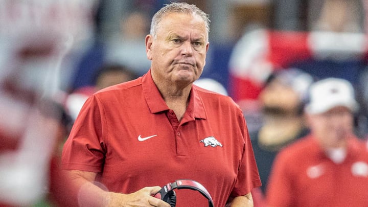 Arkansas Razorbacks coach Sam Pittman on the sidelines against the Texas A&M Aggies at AT&T Stadium in Arlington, Texas. Arkansas Razorbacks coach Sam Pittman on the sidelines against the Texas A&M Aggies at AT&T Stadium in Arlington, Texas.