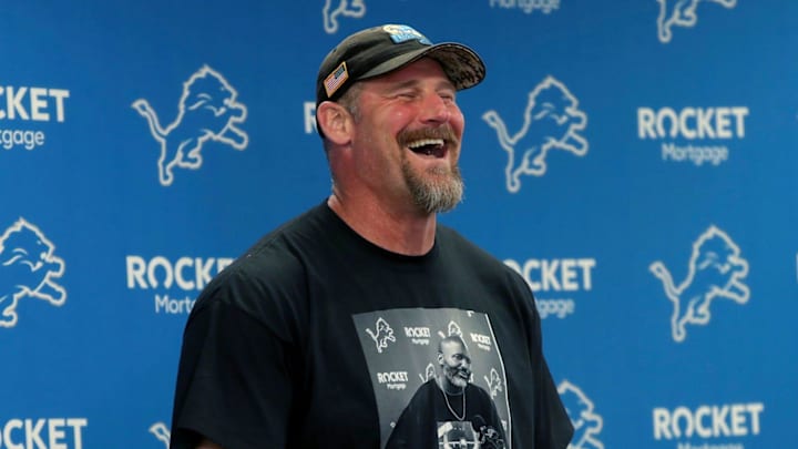 Detroit Lions head coach Dan Campbell talks with reporters about the third day of OTAs Thursday, May 25, 2023. Near the end of the press conference Campbell had fun taking a few questions about his t-shirt with GM Brad Holmes on the front.
