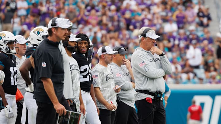 Nov 10, 2024; Jacksonville, Florida, USA; Jacksonville Jaguars head coach Doug Pederson watches the game against the Minnesota Vikings from the sideline at EverBank Stadium. Mandatory Credit: Morgan Tencza-Imagn Images