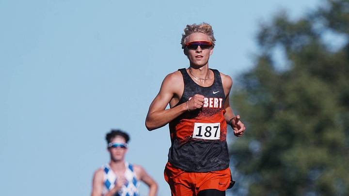 Gilbert’s Logan Bleich (187) leads the boys race during the Gilbert Cross Country Invitational at the Iowa State Cross Country Course on Sept. 10, 2026, in Ames, Iowa.