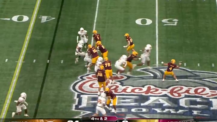 Arizona State running back Cam Skattebo throws for a touchdown against Texas in the College Football Playoff at the Peach Bowl.