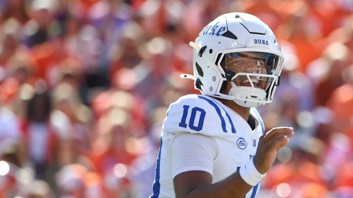 Duke Blue Devils quarterback Darian Mensah (10) yells to the sideline Saturday, Nov. 1, 2025, during the NCAA football game against the Clemson Tigers at Memorial Stadium. Duke Blue Devils quarterback Darian Mensah (10) yells to the sideline Saturday, Nov. 1, 2025, during the NCAA football game against the Clemson Tigers at Memorial Stadium.