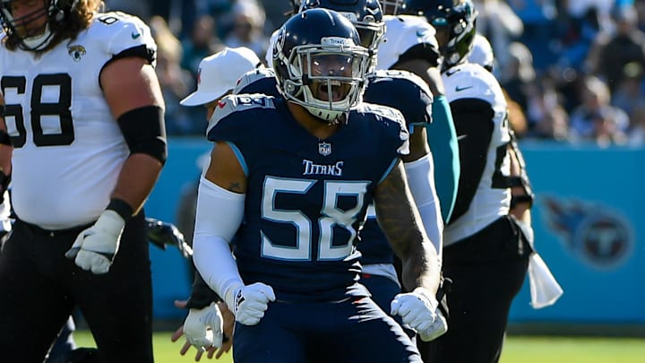 Dec 12, 2021; Nashville, Tennessee, USA; Tennessee Titans linebacker Harold Landry (58) celebrates the sack against the Jacksonville Jaguars during first half at Nissan Stadium. Mandatory Credit: Steve Roberts-Imagn Images Dec 12, 2021; Nashville, Tennessee, USA; Tennessee Titans linebacker Harold Landry (58) celebrates the sack against the Jacksonville Jaguars during first half at Nissan Stadium. Mandatory Credit: Steve Roberts-Imagn Images