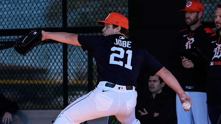 Detroit Tigers pitcher Jackson Jobe throws a pitch during spring training at TigerTown in Lakeland, Fla. on Monday, Feb. 17, 2025. Detroit Tigers pitcher Jackson Jobe throws a pitch during spring training at TigerTown in Lakeland, Fla. on Monday, Feb. 17, 2025.