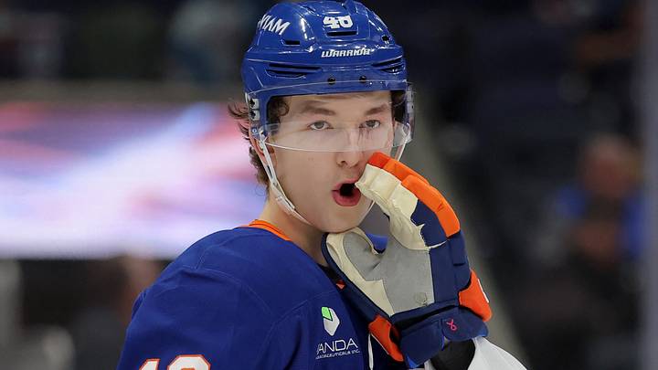 Mar 28, 2026; Elmont, New York, USA; New York Islanders defenseman Matthew Schaefer (48) talks to a teammate during the third period against the Florida Panthers at UBS Arena. Mandatory Credit: Brad Penner-Imagn Images Mar 28, 2026; Elmont, New York, USA; New York Islanders defenseman Matthew Schaefer (48) talks to a teammate during the third period against the Florida Panthers at UBS Arena. Mandatory Credit: Brad Penner-Imagn Images