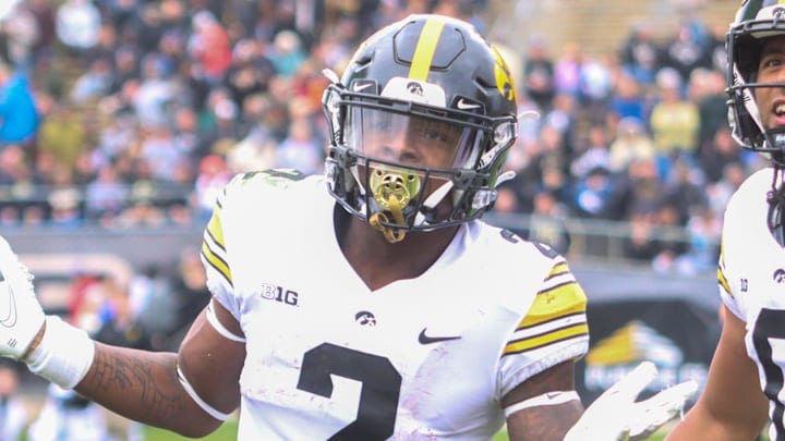 Kaleb Johnson (2) and Diante Vines (0) celebrate a TD during the NCAA football game, Saturday, Nov. 5, 2022, at Ross-Ade Stadium in West Lafayette, Ind. Iowa won 24-3. Kaleb Johnson (2) and Diante Vines (0) celebrate a TD during the NCAA football game, Saturday, Nov. 5, 2022, at Ross-Ade Stadium in West Lafayette, Ind. Iowa won 24-3.