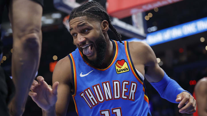 Oct 30, 2025; Oklahoma City, Oklahoma, USA; Oklahoma City Thunder guard Isaiah Joe (11) reacts after a play against the Washington Wizards during the second half at Paycom Center. Mandatory Credit: Alonzo Adams-Imagn Images