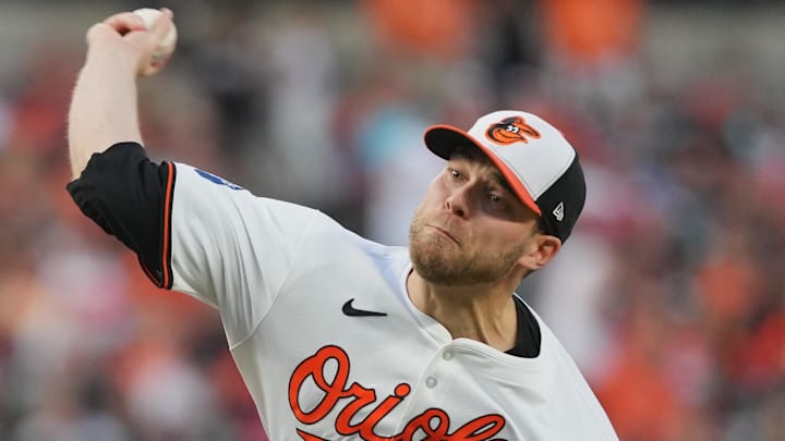 Aug 22, 2024; Baltimore, Maryland, USA; Baltimore Orioles pitcher Corbin Burnes (39) throws a pitch in the second inning against the Houston Astros at Oriole Park at Camden Yards. Mandatory Credit: Mitch Stringer-Imagn Images