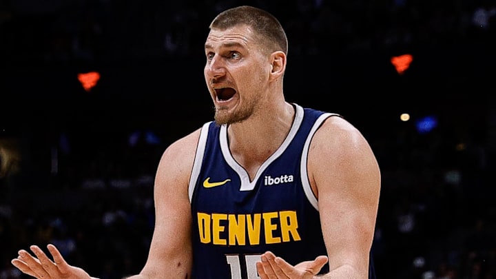 Mar 14, 2025; Denver, Colorado, USA; Denver Nuggets center Nikola Jokic (15) reacts after a play in the second quarter against the Los Angeles Lakers at Ball Arena. Mandatory Credit: Isaiah J. Downing-Imagn Images