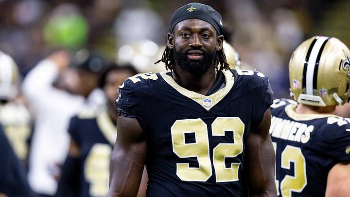 Aug 27, 2023; New Orleans, Louisiana, USA;  New Orleans Saints defensive end Tanoh Kpassagnon (92) looks on against the Houston Texans during the first half at the Caesars Superdome. Mandatory Credit: Stephen Lew-USA TODAY Sports