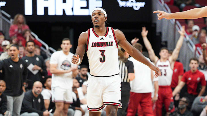 Louisville Cardinals guard Ryan Conwell (3) after scoring a three-point shot against Bucknell during an exhibition game at the KFC Yum! Center in Louisville, Kentucky Tuesday October 28, 2025.