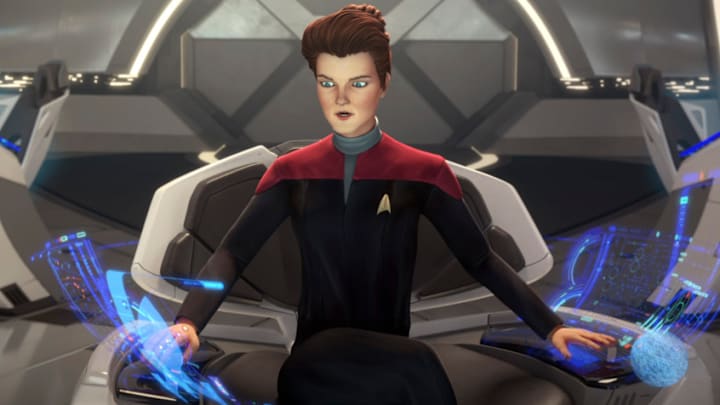 “Terror Firma” --EP#105 -- Kate Mulgrew as Janeway in Star Trek: Prodigy streaming on PARAMOUNT+. Photo: Nickelodeon/Paramount+ ©2021 VIACOM INTERNATIONAL. All Rights Reserved.