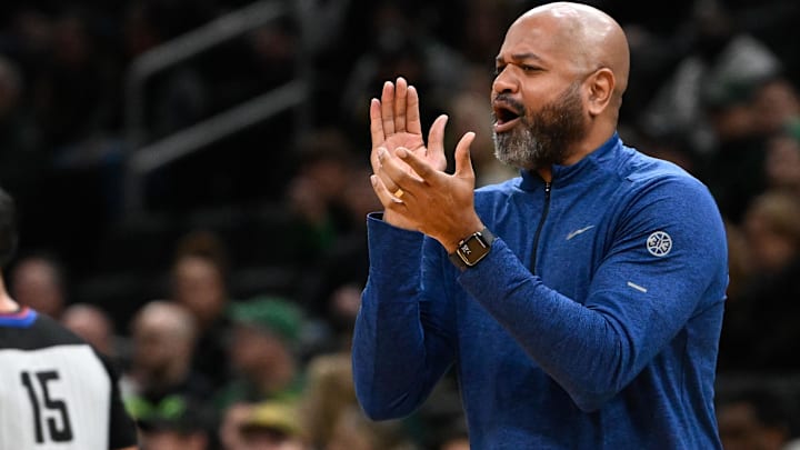 Detroit Pistons head coach J.B. Bickerstaff reacts to game action against the Boston Celtics during the first half at TD Garden.