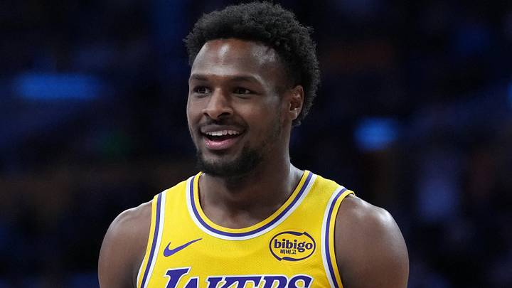 Oct 24, 2025; Los Angeles, California, USA; Los Angeles Lakers guard Bronny James (9) reacts in the fourth quarter against the Minnesota Timberwolves at Crypto.com Arena. Mandatory Credit: Kirby Lee-Imagn Images