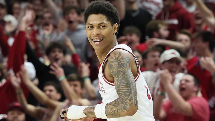 Arkansas Razorbacks guard Meleek Thomas (1) celebrates after making a three point shot during the first half against the Vanderbilt Commodores at Bud Walton Arena. Arkansas won 93-68.