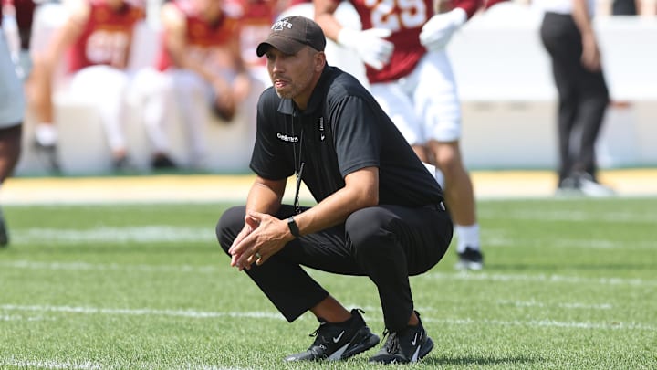 Aug 30, 2025; Ames, Iowa, USA; Iowa State Cyclones head coach Matt Campbell watches his team prepare for the South Dakota Coyotes at Jack Trice Stadium. Aug 30, 2025; Ames, Iowa, USA; Iowa State Cyclones head coach Matt Campbell watches his team prepare for the South Dakota Coyotes at Jack Trice Stadium.