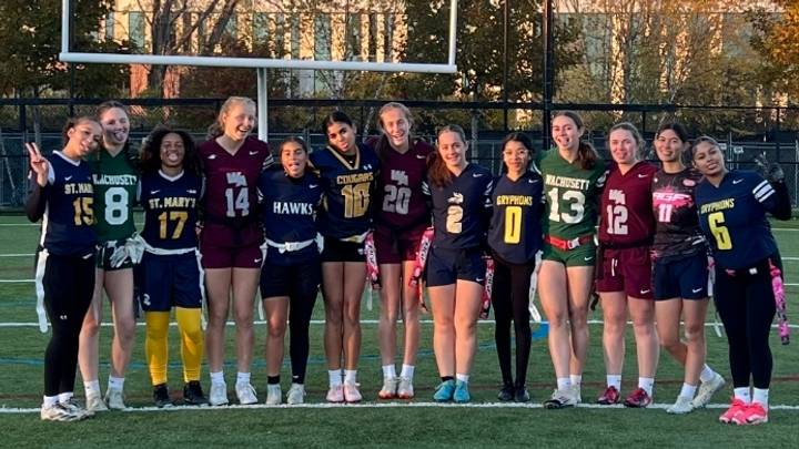 Female flag athletes from Massachusetts high schools pose for a photo during an All Girls Flag event. Female flag athletes from Massachusetts high schools pose for a photo during an All Girls Flag event.