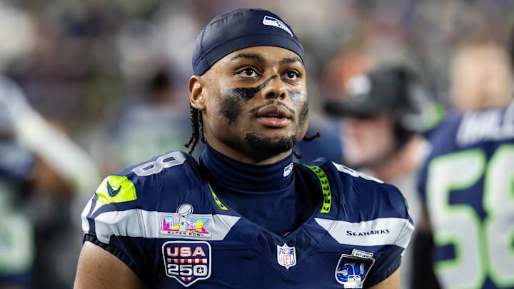 Feb 8, 2026; Santa Clara, CA, USA; Seattle Seahawks safety Coby Bryant (8) against the New England Patriots during Super Bowl LX at Levi's Stadium.