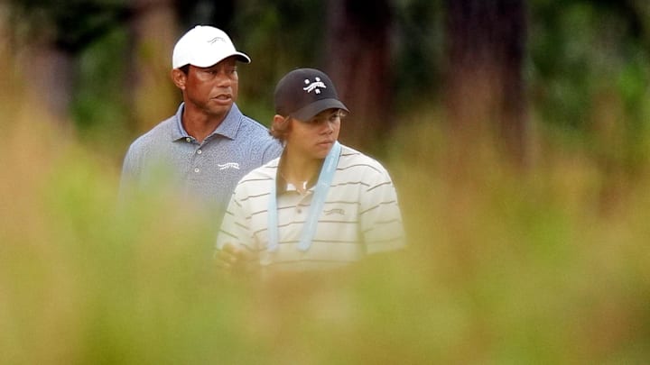 Tiger Woods and his son Charlie Woods, pictured during a 2024 U.S. Open practice round, will team up again later this month at the PNC Championship.