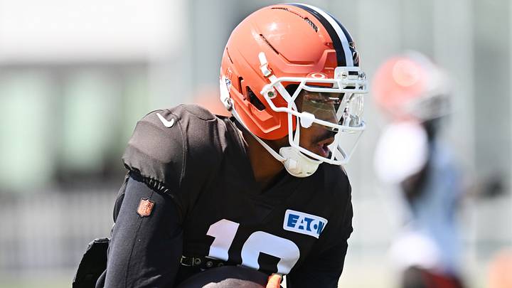 Cleveland Browns wide receiver Denzel Boston (12) runs with the ball after a catch during training camp at CrossCountry Mortgage Campus. Cleveland Browns wide receiver Denzel Boston (12) runs with the ball after a catch during training camp at CrossCountry Mortgage Campus.